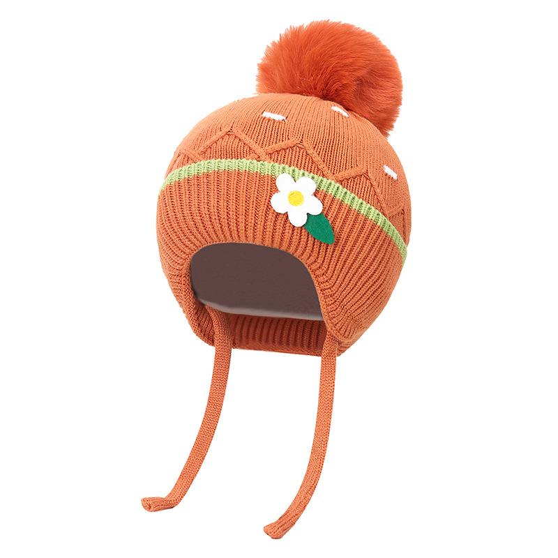 Bonnet en laine résistant au froid pour enfants, automne hiver, fille, épais et chaud, protection des oreilles, fleur, boule de cheveux, bonnet tricoté