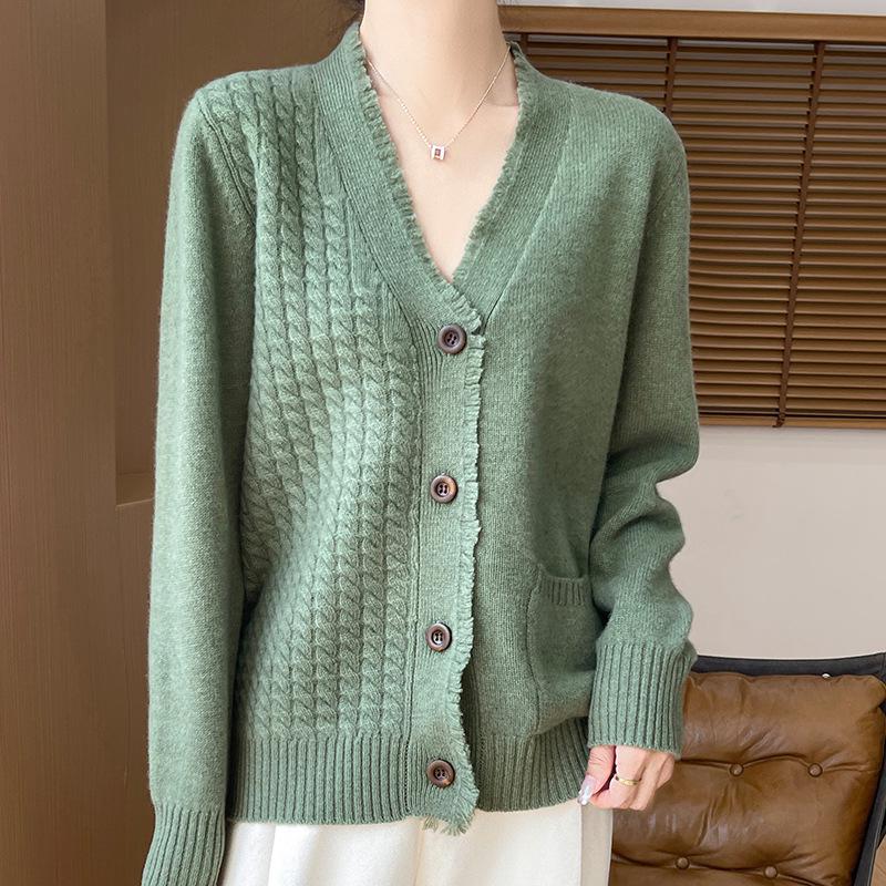 Women's 100% Wool V-neck Tassel Edge Cardigan Sweater - Soft, Loose Knit for Spring and Autumn
