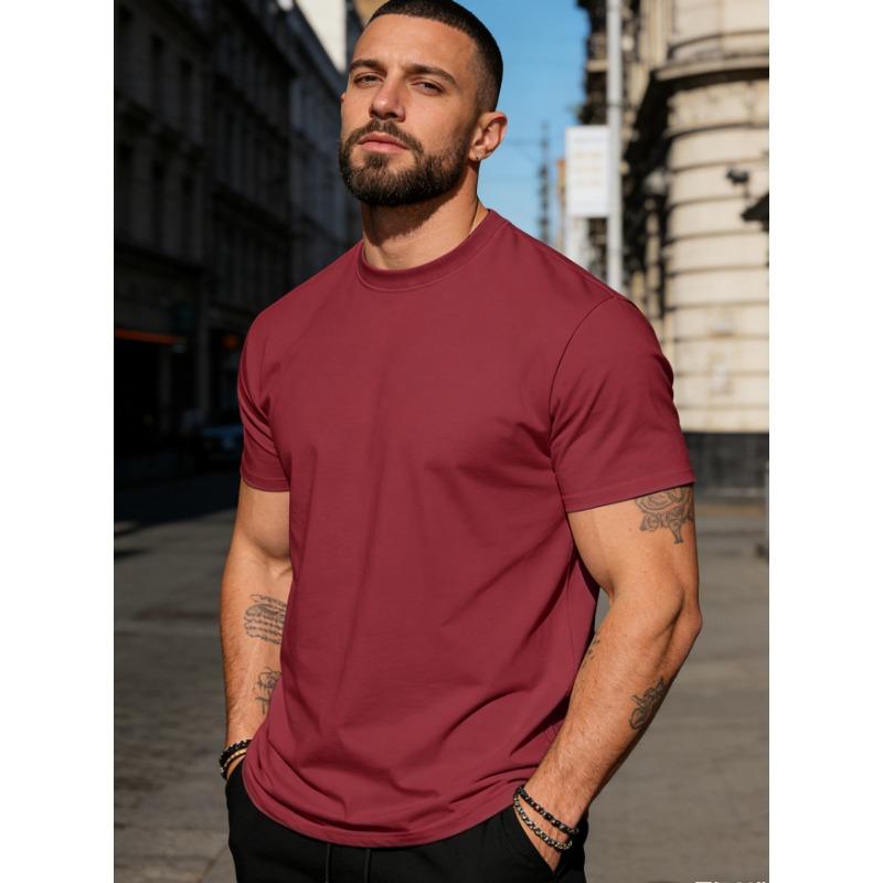 Spring Summer Men's 100% Cotton Crew Neck Short Sleeve T-Shirt Casual Solid Color Tee