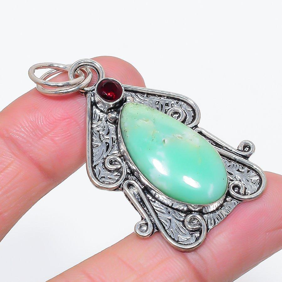 Natural Chrysoprase, Garnet 925 Sterling Silver Jewelry Pendant 2.05" O7k73