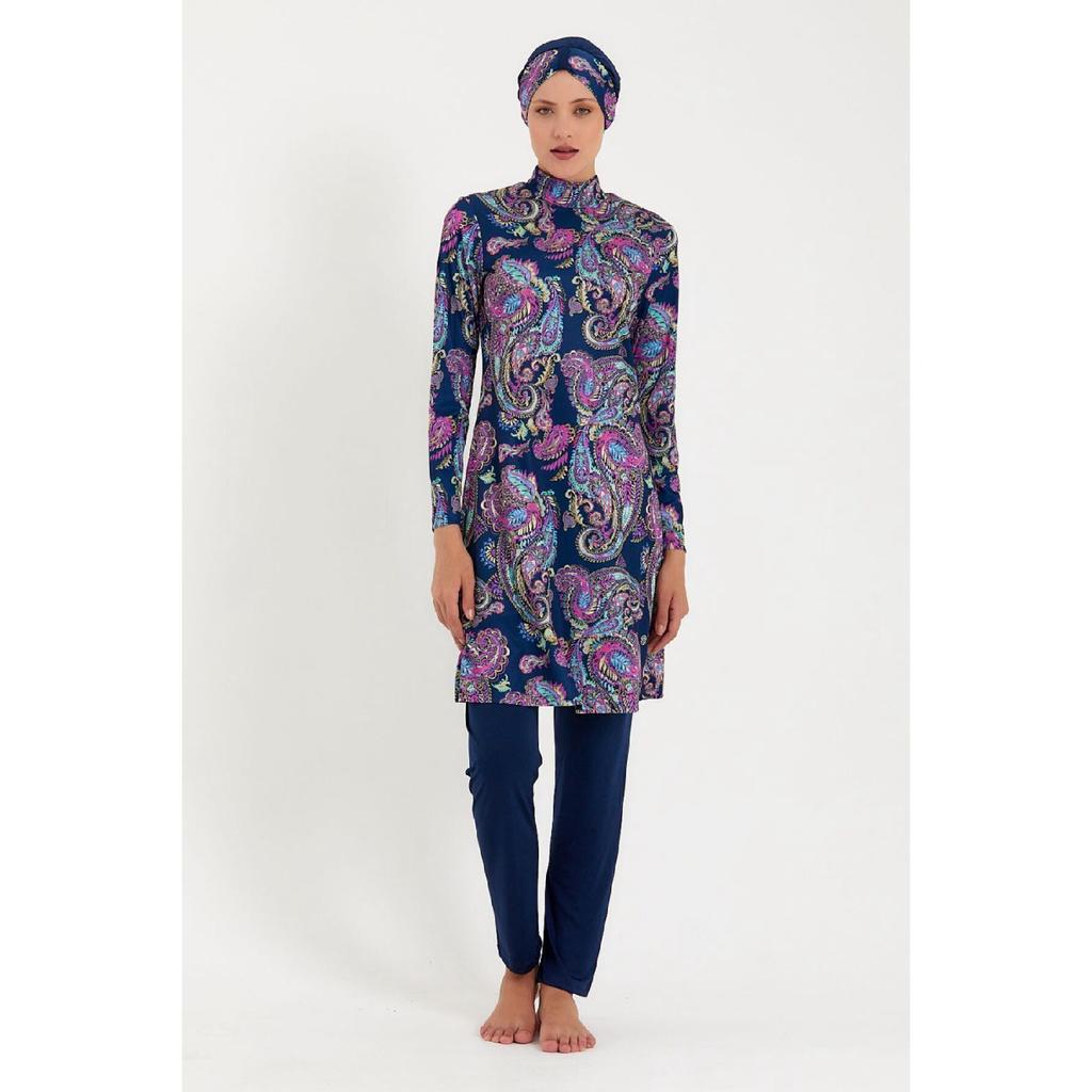 Women's Navy Blue Patterned Lycra Fully Covered Hijab Swimsuit