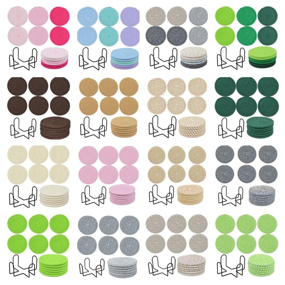 6Pcs Heat-resistant Woven Round  Coaster Set with Holder Tableware Mat Cup Coaster  Household