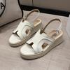 2025 Summer Fairy One-word Cool Slippers Summer Wear Straw Muffin Shoes Small Height Increase Thick-soled High-heeled Sandals