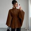 Manteau Cape Élégant pour Femme en Laine Mélangée à Col Montant Ceinture à Nouer Garniture en Fourrure de Lapin Vêtement d'Hiver