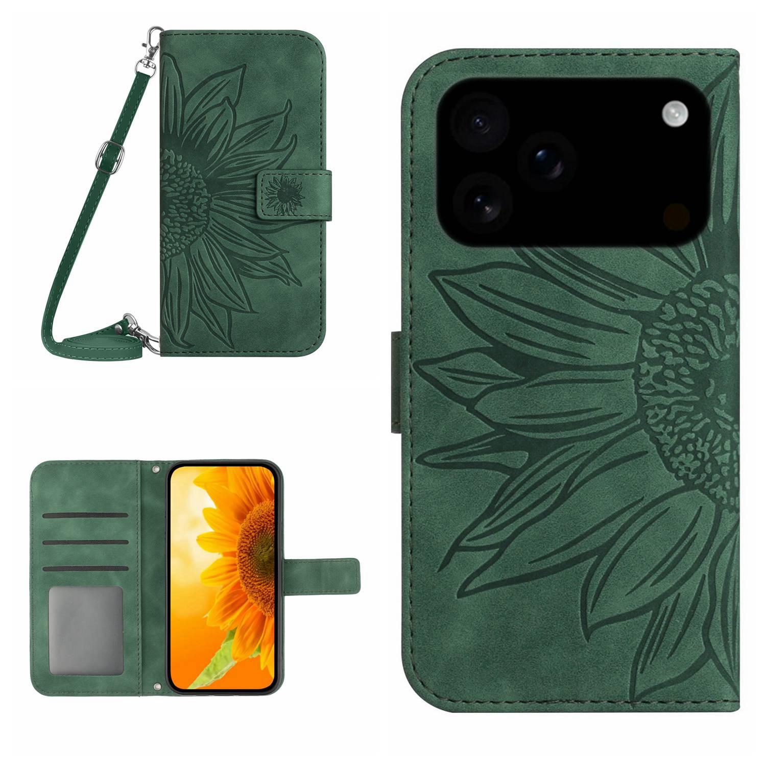 

For iPhone 17 Pro Max Case Sunflower Imprint PU Leather Phone Cover with Long Strap H
