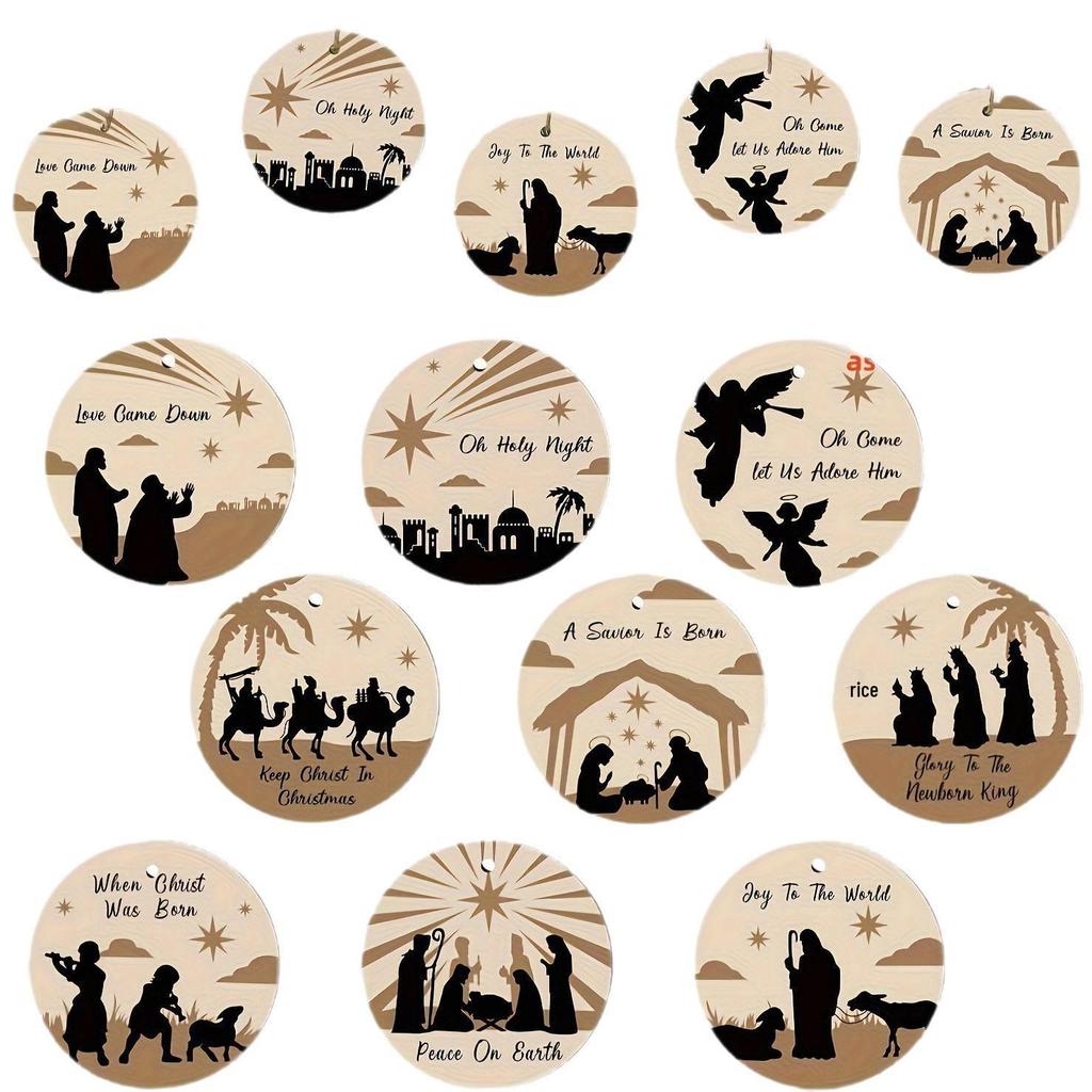 Wooden Christmas Tree Nativity Scene Hanging Tag - Thanksgiving Decoration