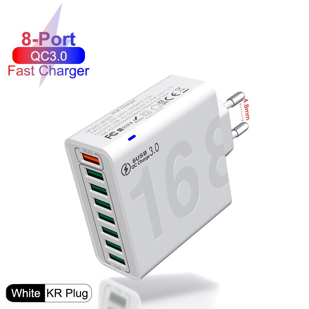 8-Port QC3.0 Fast Charging Travel Charger for Europe, America & Korea - Mobile Phone Charger