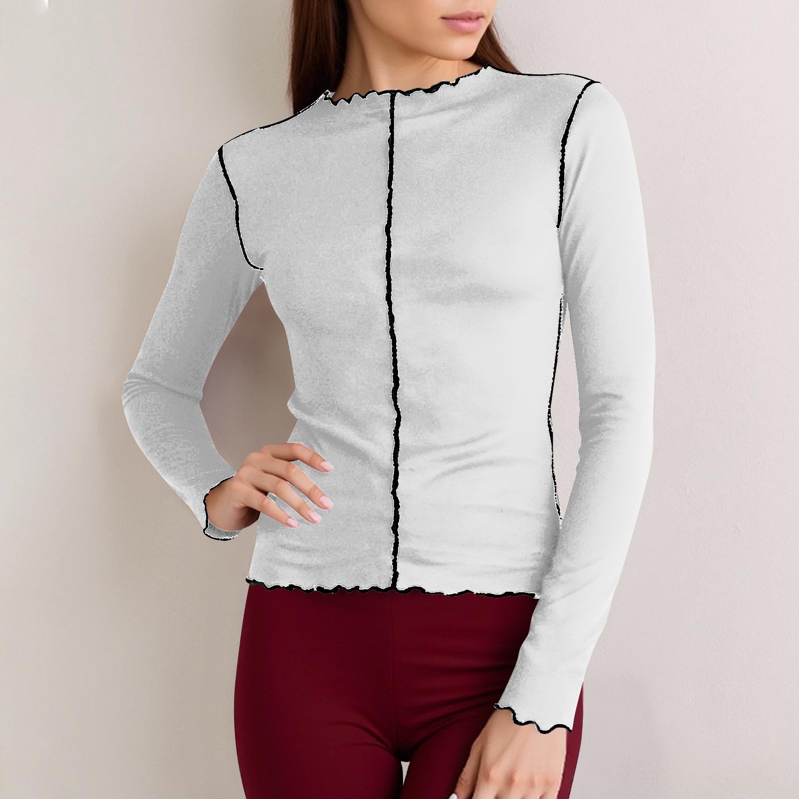 

Ladies Casual And Fashionable Contrasting Color Rolled Edge Half High Neck Long Sleeved T-shirt With Trendy Style Top M белый