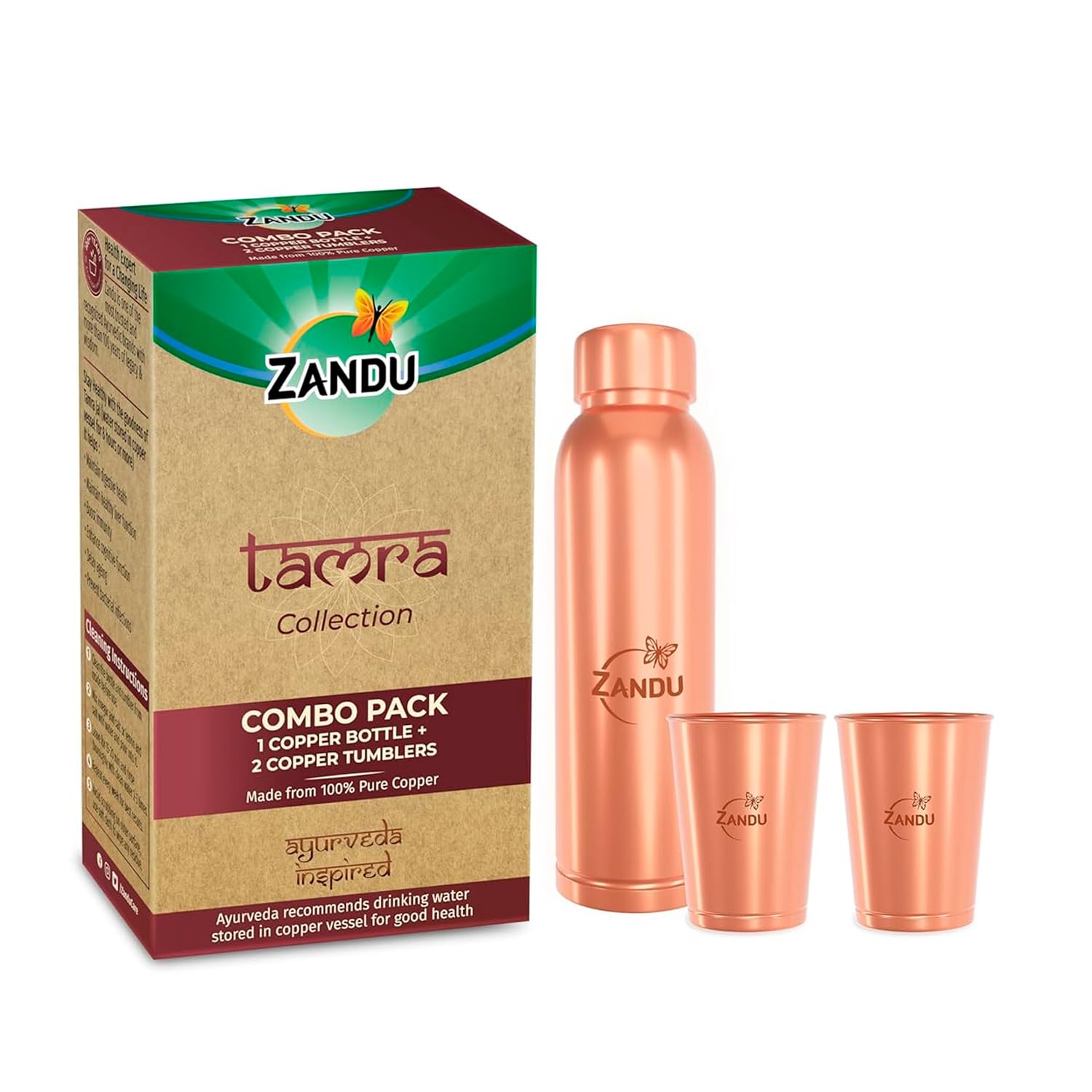 

Zandu Copper Gift Set Pack 1 Bottle 950ml & 2 Tumblers x 300ml Each | Pure Copper Water Set for Daily Use