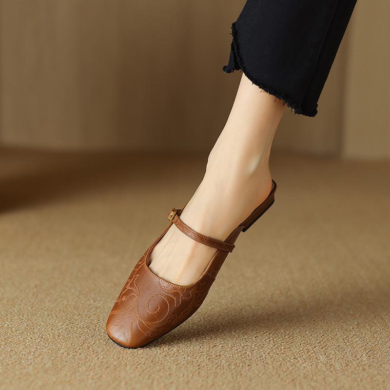 Fashion 2025 Summer Women Mules Genuine Leather Women Shoes square Toe Chunky Heel Shoes Cover Toe Slingback Sandals Shallow Slippers