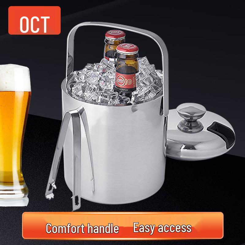 European Stainless Steel Double Layer Insulated Ice Bucket with Lid - Ideal for Wine, Cocktails, and Champagne