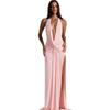 European and American fashion new women's clothing sexy deep V-neck neck halter split fork solid color floor dress