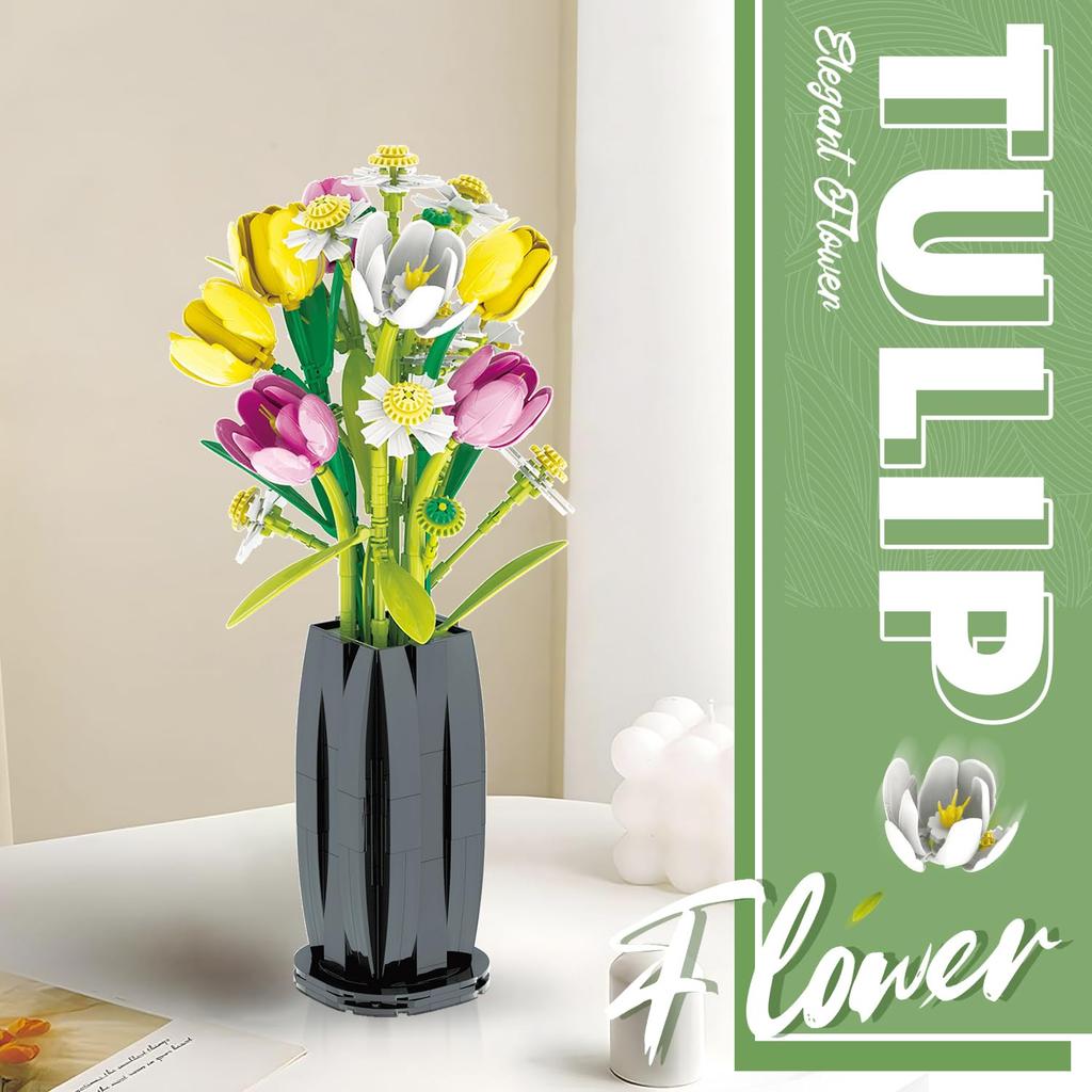 Non-Toxic 1250Pcs Tulip Bouquet Building Blocks Flower Eternal Flower Vase Model Bricks Home Decoration Kids Diy Toys Children Romantic Gifts