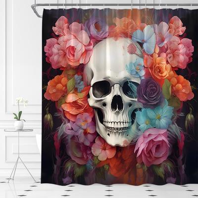 Sugar Skull Shower Curtain Gothic Halloween Watercolor Vintage Floral Spooky Skeleton Skull Horror Fabric Bathroom Decor Set