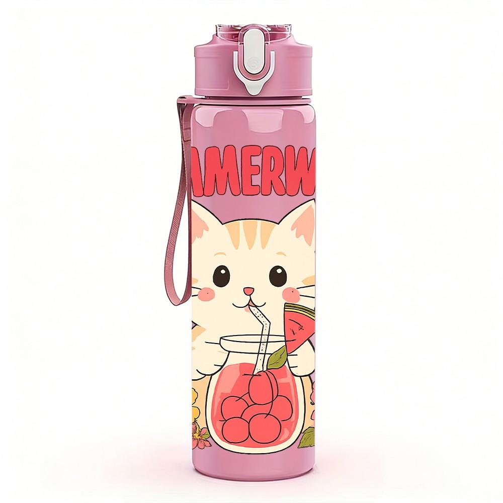 1PC Summerween Floral Cat 750ml Color Plastic Sports Water Bottle Leakproof Flip Straw Lid Suitable for Sports Office Home Use