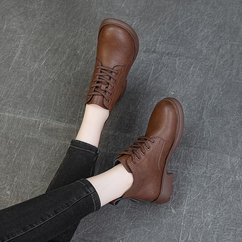 Cowhide Short Boots Genuine Leather Single Boots Flat Bottomed Martin Boots Versatile Comfortable Soft Soled Casual Women's Shoes Short Boots
