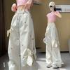 Printed three-dimensional bow decorative sweet and spicy casual overalls women's summer loose quick-drying wide-leg pants tide