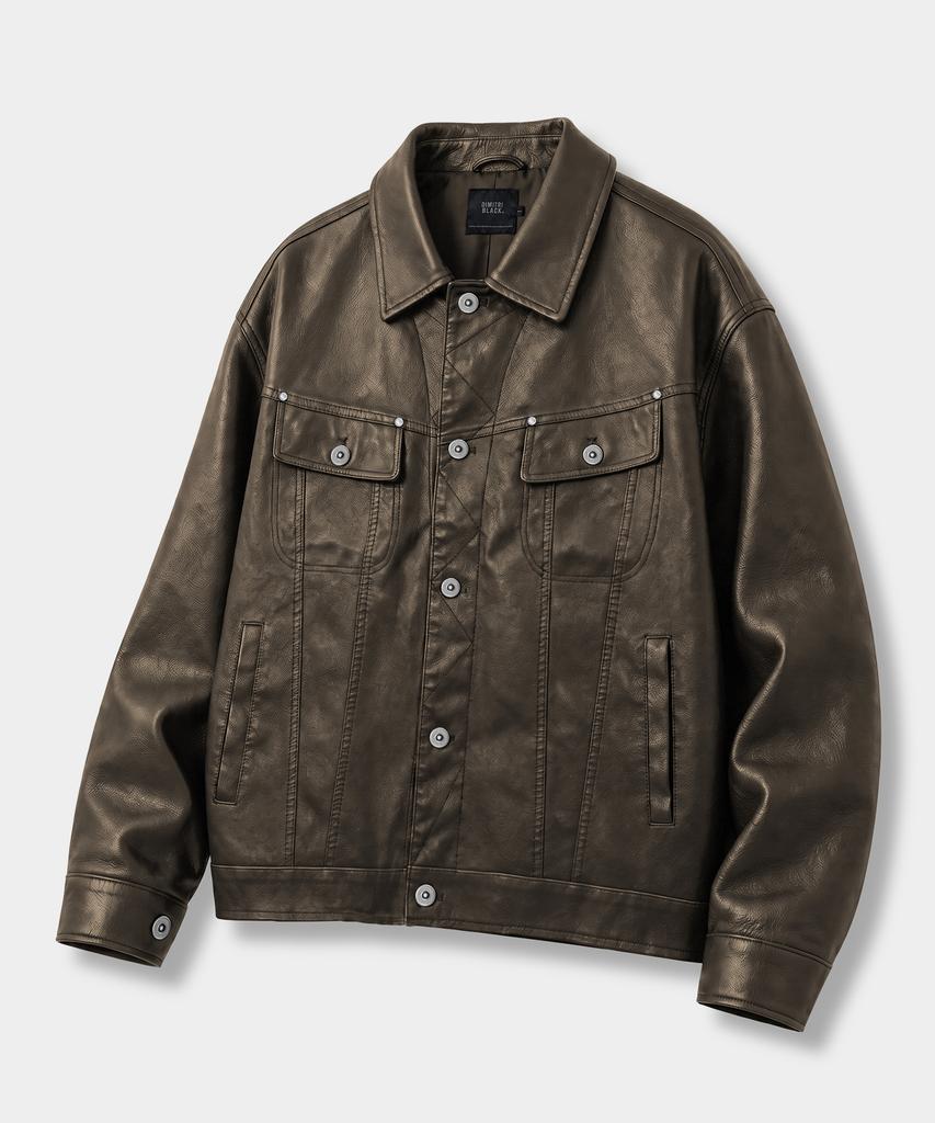 DIMITRI BLACK Faux Leather Riders Trucker Jacket_2 Color