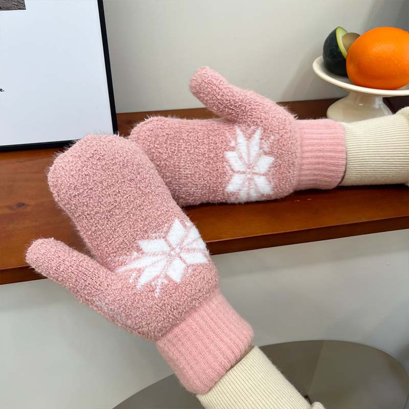 1Pair Snowflake Style Fashion Women Winter Gloves Insulated Extra Warm Fingerless Mittens
