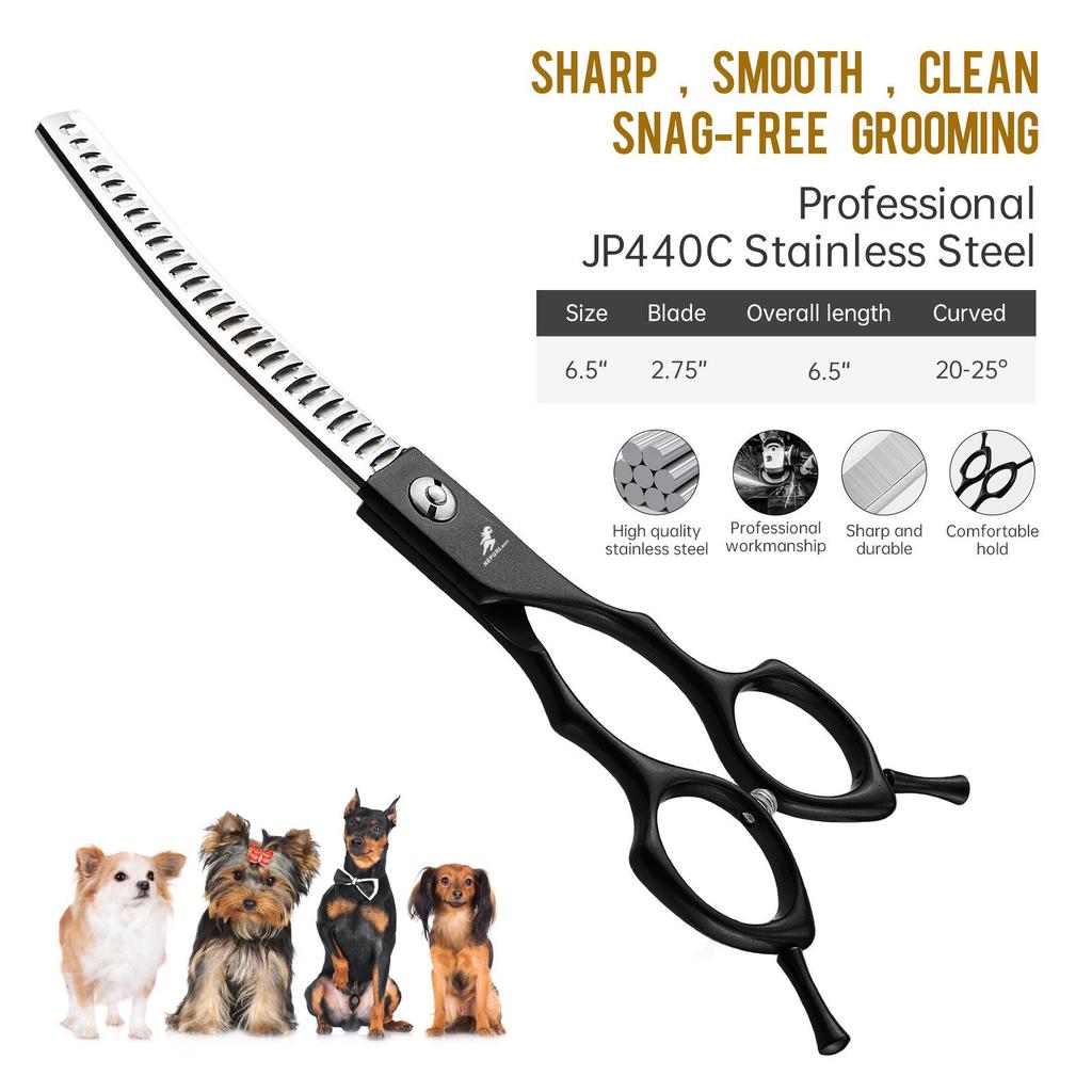 Meideng 6.5" Half-Black Curved Fishbone Pet Grooming Shears with Thinning Blade.