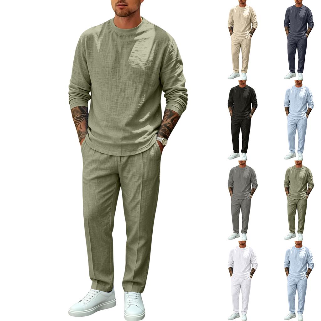 Men's Casual Cotton Linen Long Sleeve Shirt and Drawstring Pants Set - Lightweight Breathable Vintage Outfit