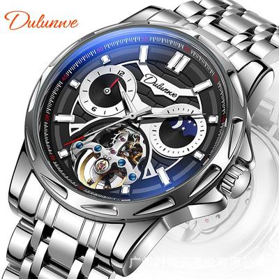 Montre mécanique automatique squelette de luxe pour homme, tourbillon creux, phase de lune, disque lumineux 12 heures, acier inoxydable