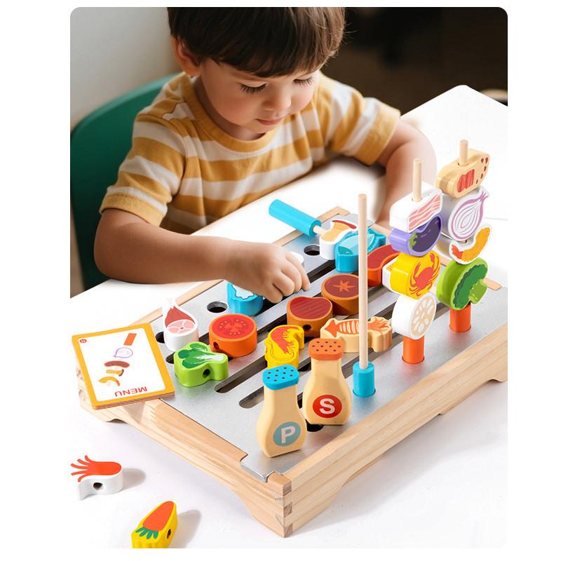 Wooden Barbecue Simulation Rack Cooking Family Interactive Children Set Toy