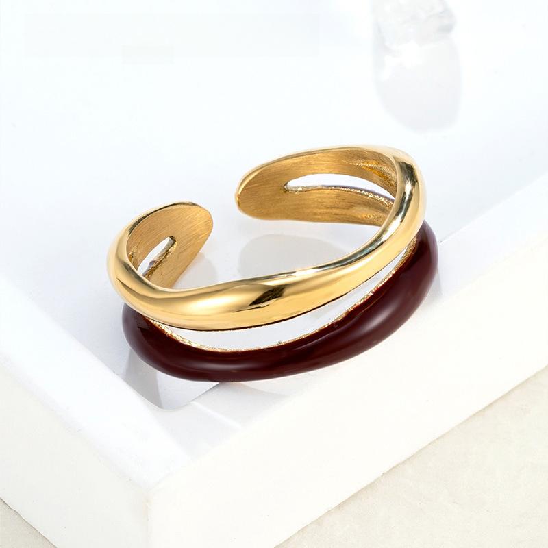 Ankara Red Oil Drop Double-layer Open Ring Female Niche Retro Stacked Ring Titanium Steel Plating