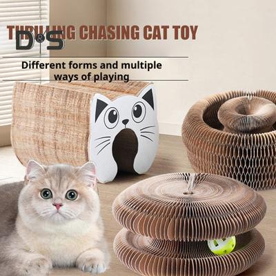 Round Accordion Cat Toy with Bell Foldable Scratch Board Toy Cat Head Organ Cat Scratching Post Interactive Play Toy