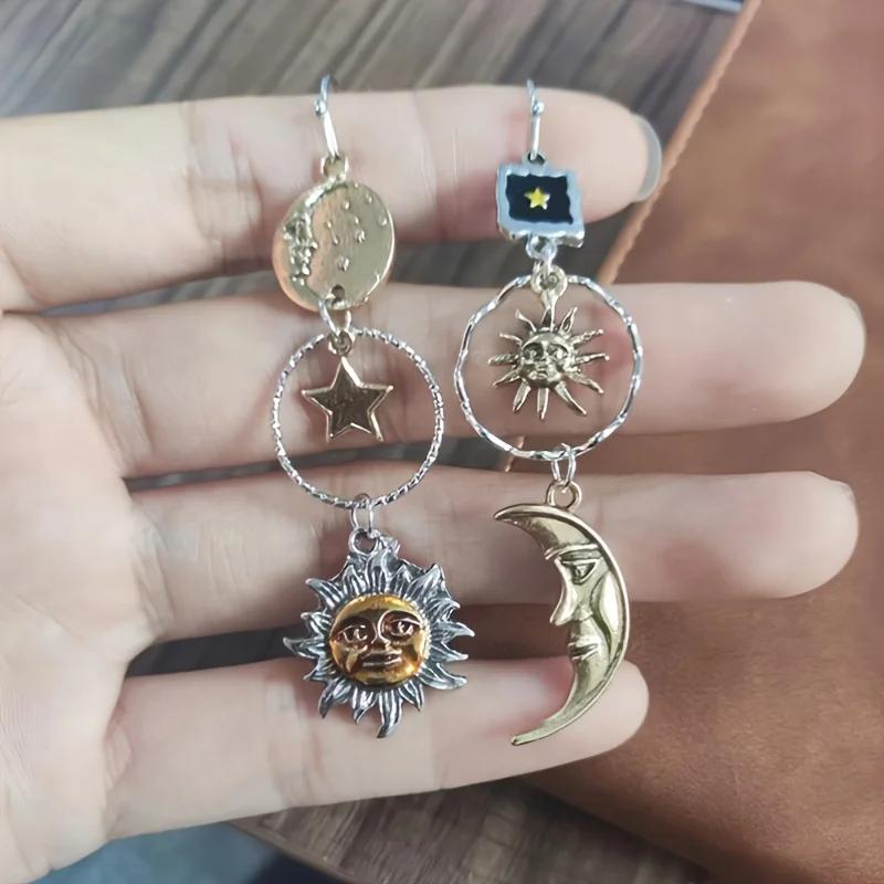 Greek Mythology Face Sun Moon Pendant Creative Design Women Asymmetric Personality Pendant Earrings Party Jewelry Gifts