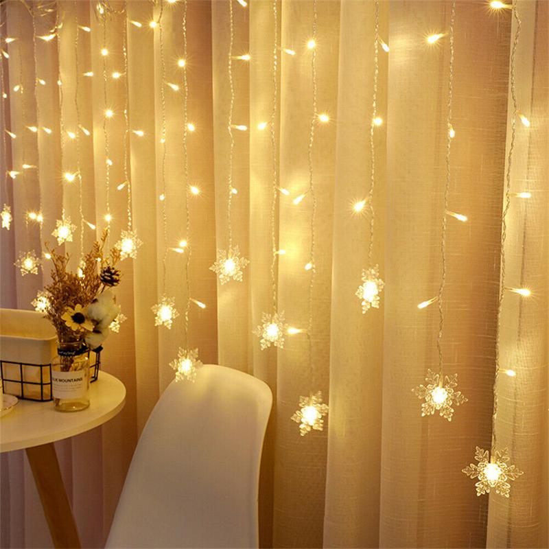 Guirlande lumineuse LED flocon de neige de noël, guirlande lumineuse clignotante, rideau lumineux, décoration fantaisie pour fête de vacances, nouvel an