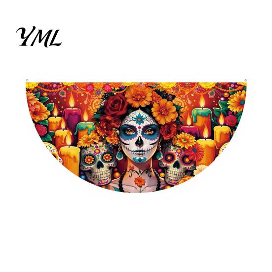 Durable Polyester Bunting Day of The Dead Skull Banner, Marigold Print Fiesta Decorative Wall Hanging Flag, Colorful Sugar Outdoor Yard Party