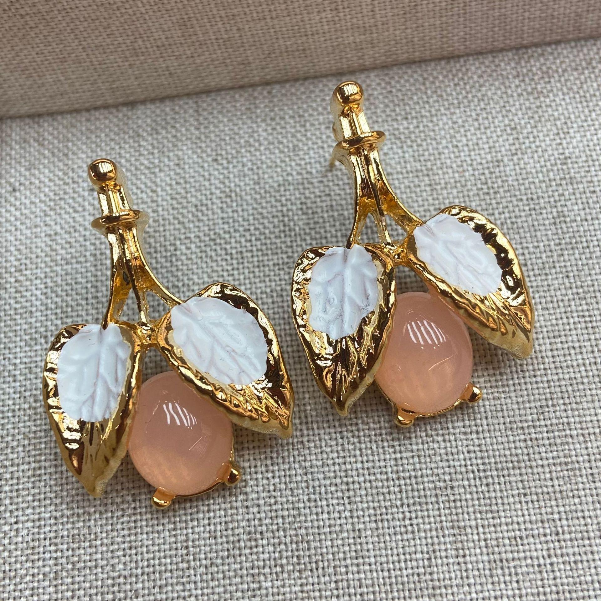 Pink Crystal Earrings Enamel Leaf Earrings 2026 Light Luxury Medieval Premium Earrings Earrings Women