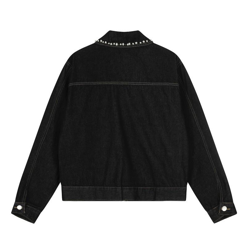 Vintage Washed Denim Jacket With Embellished Beading Loose Fit Unisex Streetwear Short Coat Fall