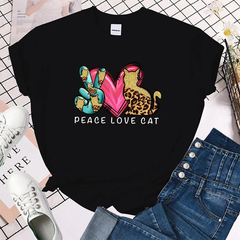 (Premium T-shirt)Peace Love Cat Letter Printed Women T-Shirts Peace Love Cat Short Sleeve Shirts Summer Round Neck Tee Shirt Top
