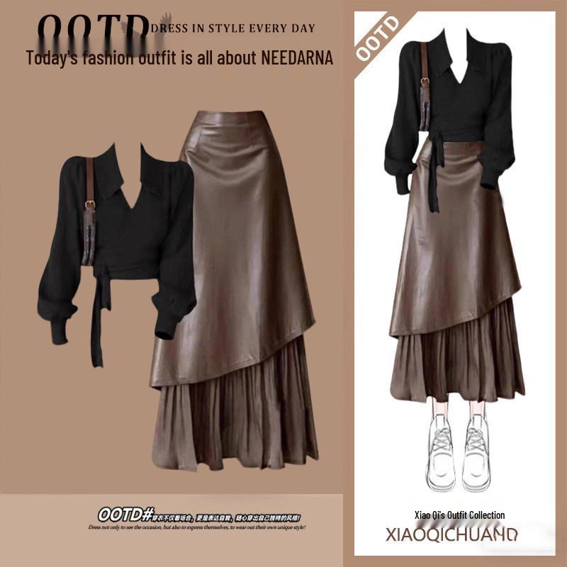 Elegant Red Knit & Leather Winter Two-Piece Outfit for Women