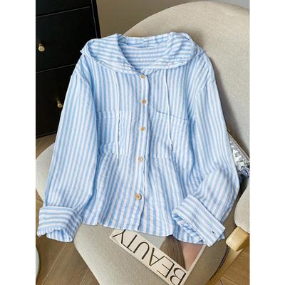 Women's Retro Lazy Vertical Stripe Hooded Shirt  Versatile Loose Long Sleeve Top