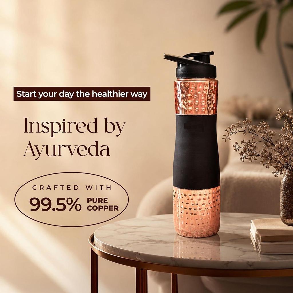 Black Sipper Bottle 100% Pure Copper Water Bottle 1 Litre Leak Proof Protection Durable & Rust Proof Copper Bottle