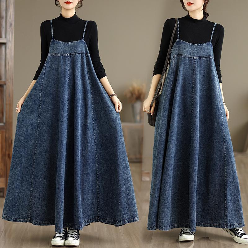 DIMANAF Women Plus Size Denim Dress Cottton Vintage Loose Casual Basic Dresses Maxi Long Dress Sleeveless