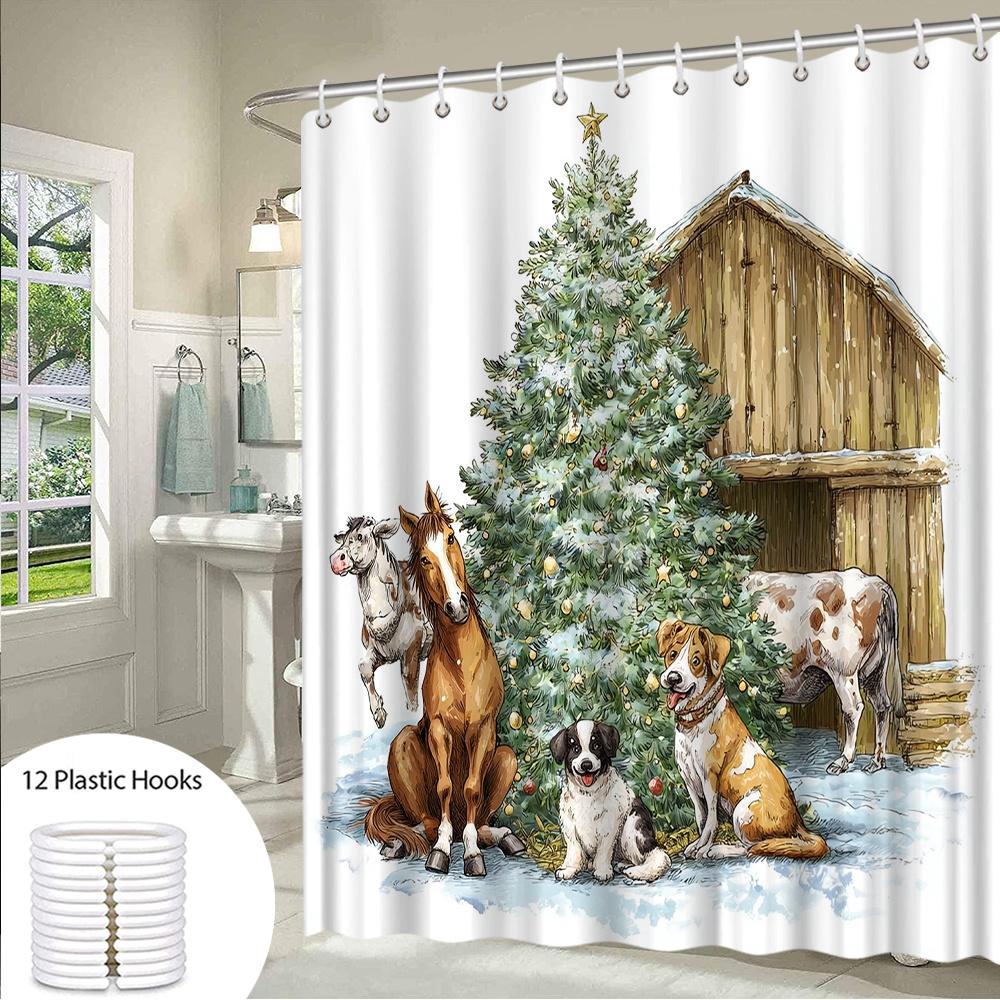 1pc Rustic Farmhouse Christmas Shower Curtain - Vintage Barn Style with Horse, Dog, Cow & Pig Design, 70.8x70.8 Inch, Machine Wa