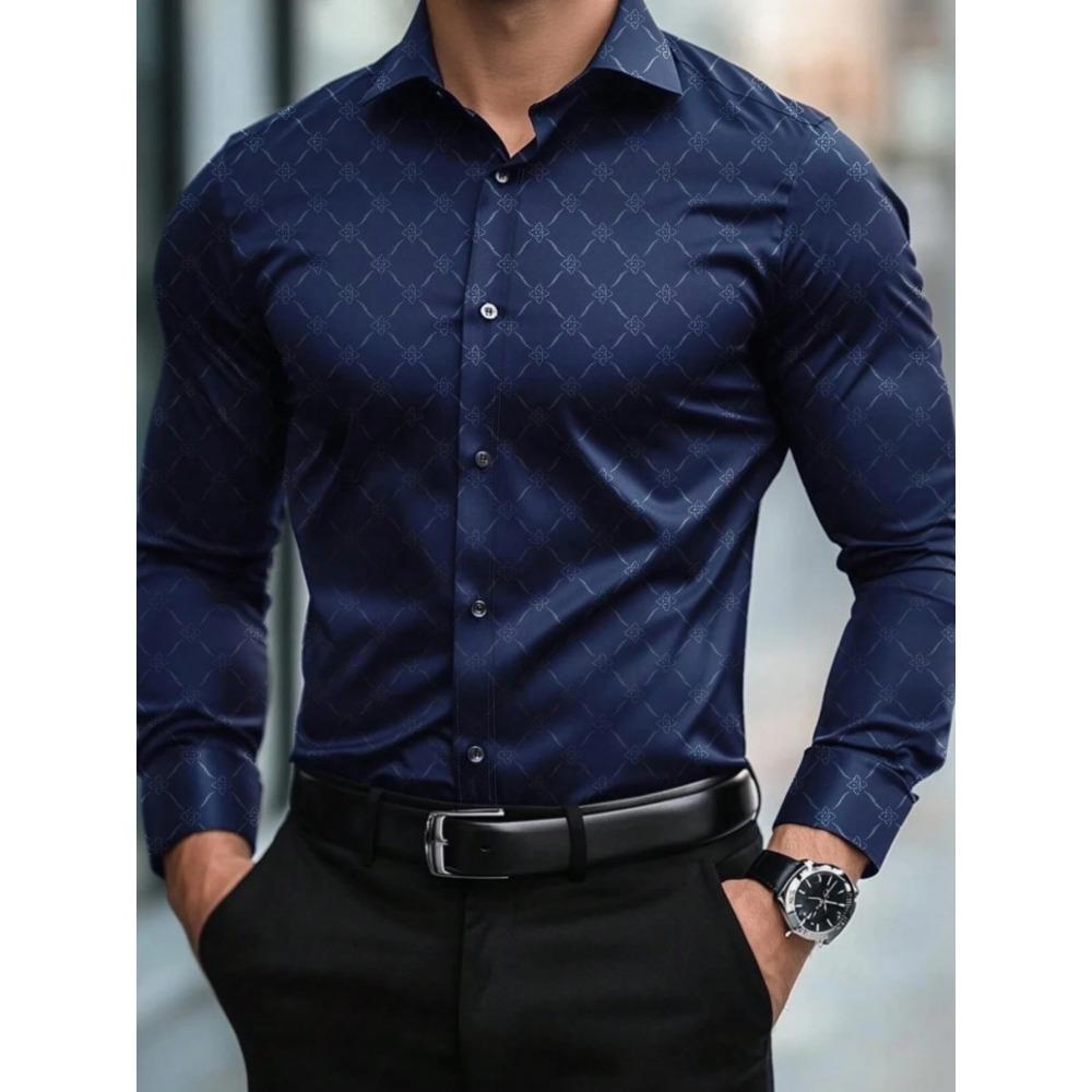 Light Luxury Dark Patterned Diamond Shaped Men's Shirt, Silky Slim Fit Shirt, European and American High-end Dark Printed Shirt