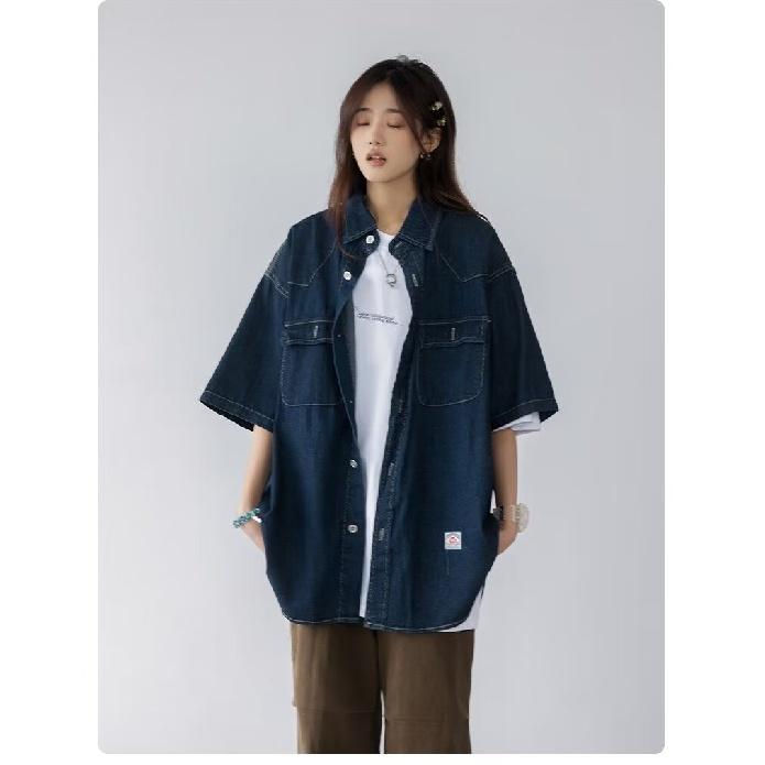 Japanese Retro Fashion Brand Summer Loose Denim Short Sleeved Shirt Artistic Youth Workwear Shirt Men'S And Women'S Layered Jacket