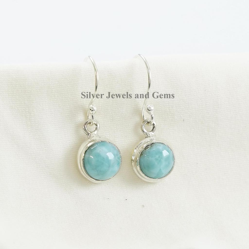 Handmade Round Larimar Earrings, 925 Sterling Silver, March Birthstone