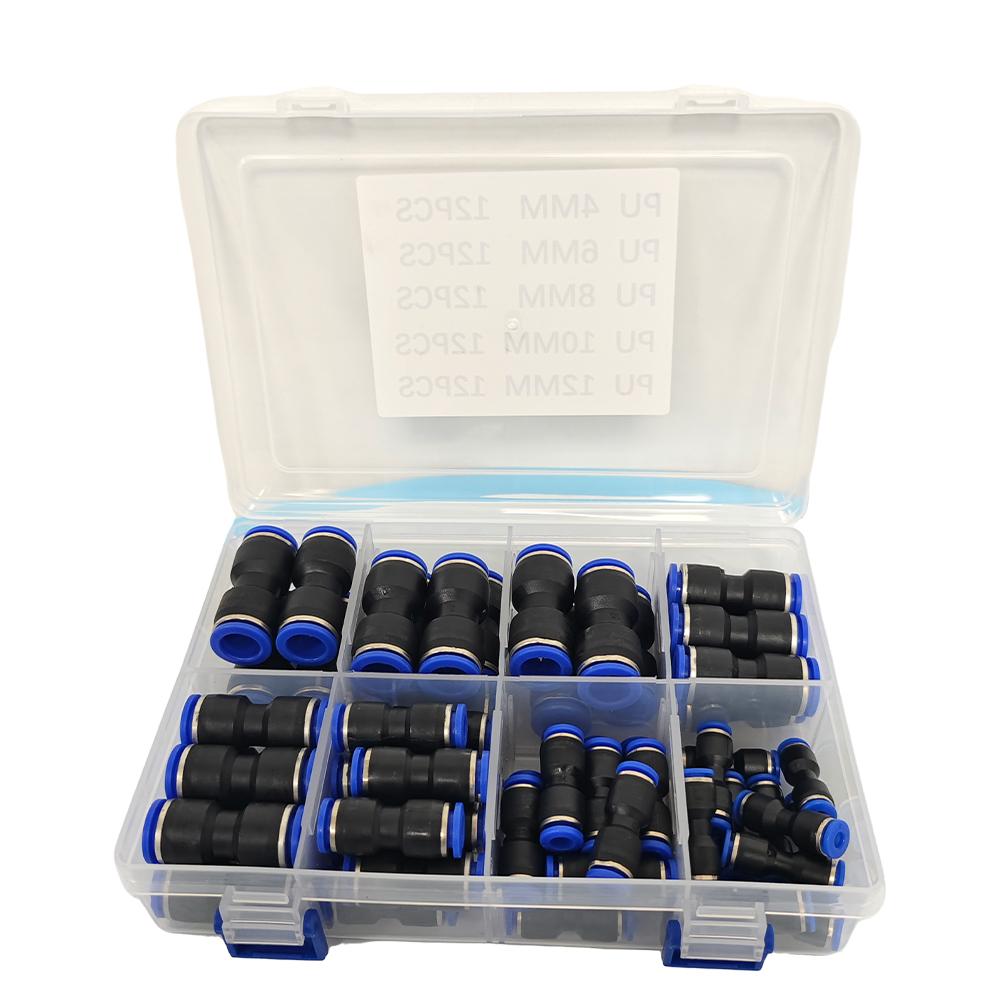 60PCS Pneumatic Straight Push Connectors Kit PU-4/6/8/10/12mm Air Hose Quick Connect Fittings Set