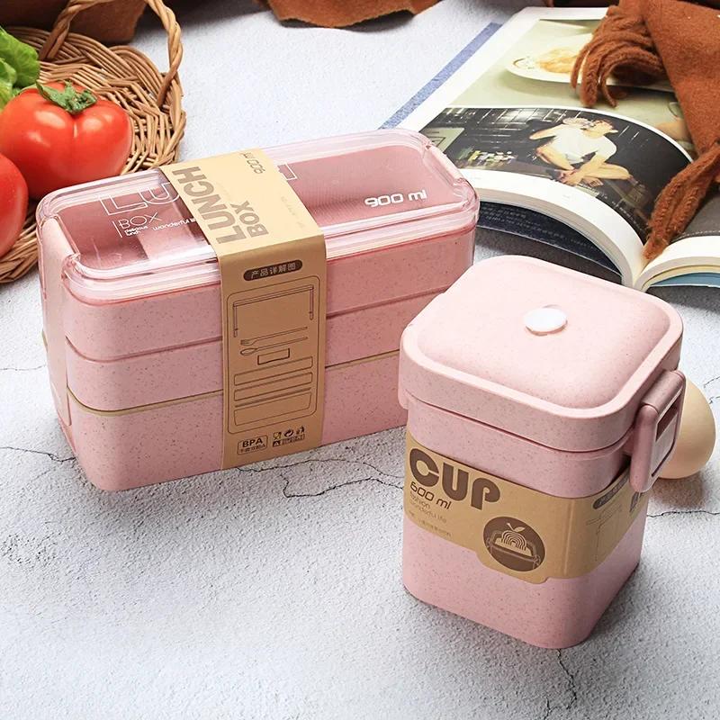 Umweltfreundliches Weizenstroh-Material 3 Schichten 600ml Suppenbox 900ml Lunchbox Bento Lebensmittelbehälter Mikrowellengeeignetes Geschirr Lunchbox