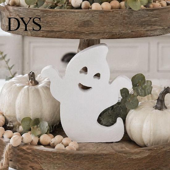 Cute Halloween Room Decor Ghost Wooden Table Sign, Spooky White Standing Modern Farmhouse Accents Block Sign for Holiday Tiered Tray Centerpiece,