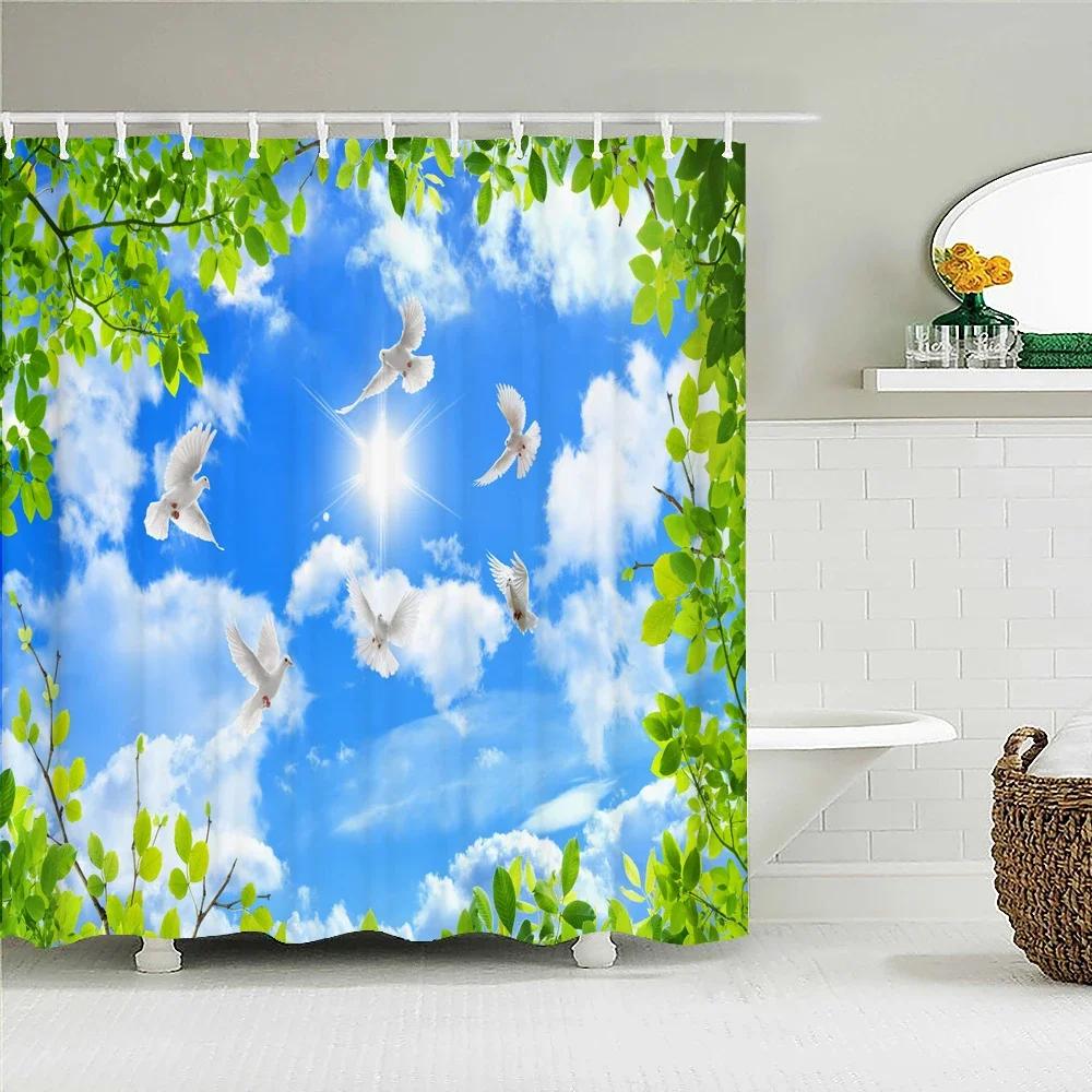 Blauer Himmel Wolken Landschaft Duschvorhang Wasserdichter Badezimmervorhang Mit Haken Badezimmer Vorhänge Stoff 3D Gedruckt 180*200cm Vorhang