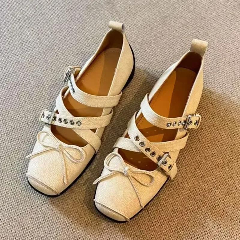 Fashion Cross Tied Buckle Flat Mary Jane Shoes Women Elegant Square Toe Shallow Ballet Flats Comfortable Soft Sole Casual Shoes