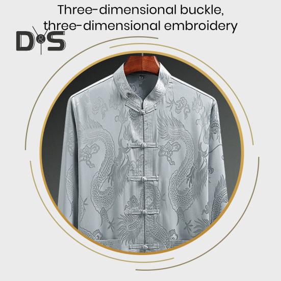 Neues Jahr traditionelle chinesische Männer Tang-Anzug Hemd Stehkragen Langarm Drachendruck Hemd Taschen Design Tai Chi Tops