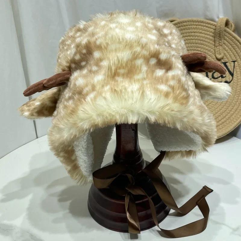 New Christmas Deer Plush Lace-up Pullover Hat Women Sweet Cute Antlers Keep Warm Beanies Winter Plush Ear Protection Bucket Cap